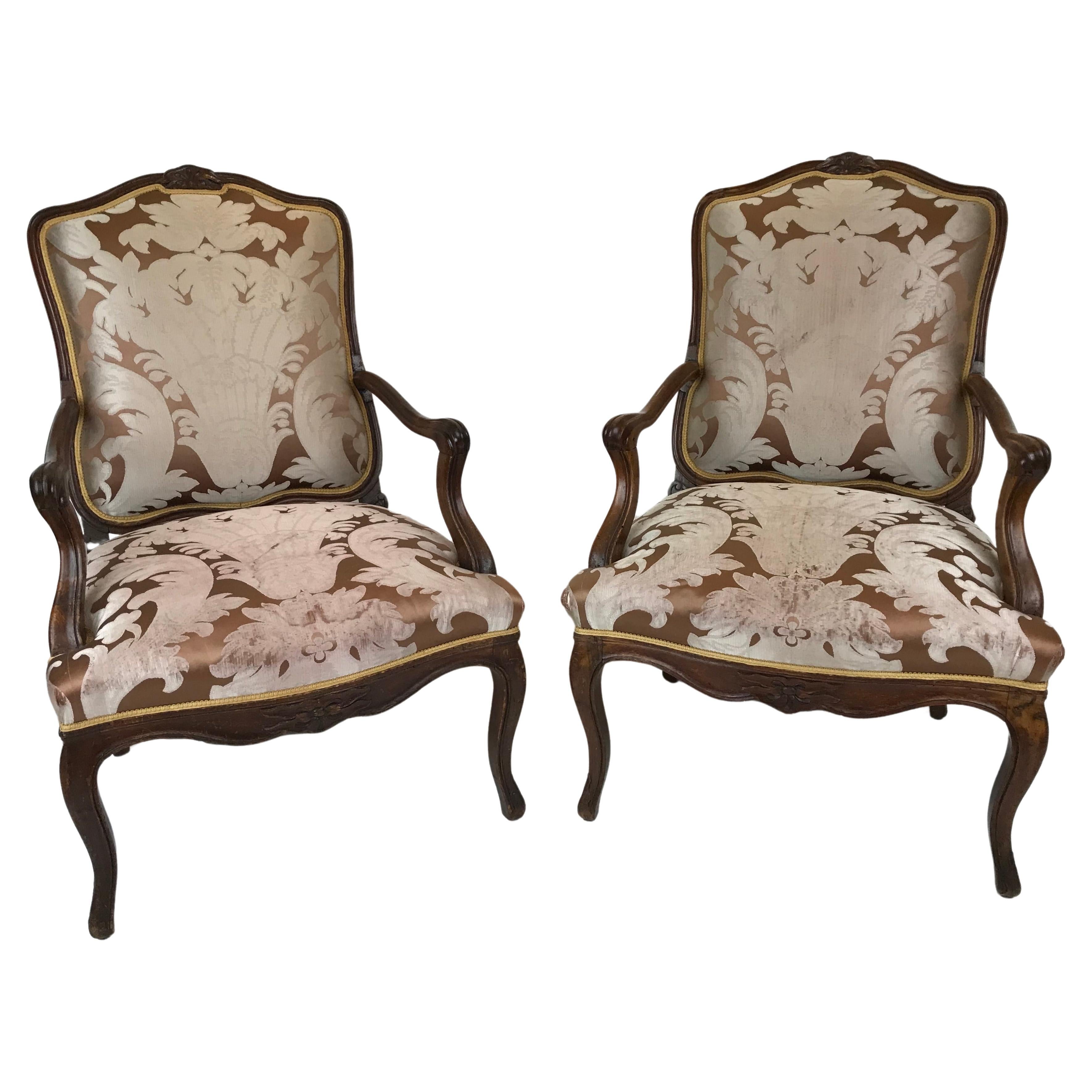 Pair 19th Century Louis XV Style Country French Open Armchairs or Fauteuils 