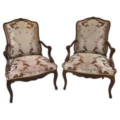Antique Pair 19th Century Louis XV Style Country French Open Armchairs or Fauteuils 