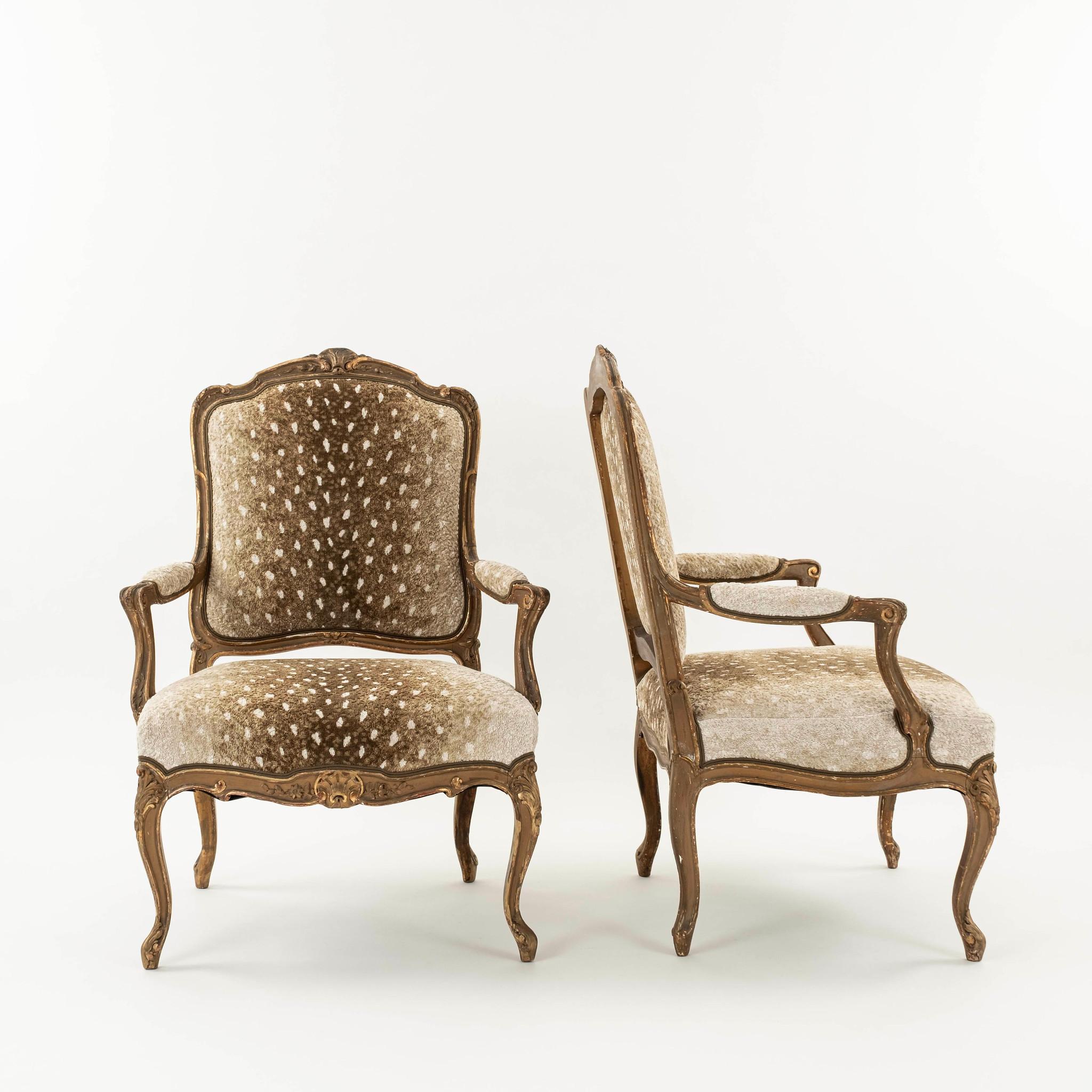 A pair of 19th Century French painted and giltwood fauteuils newly upholstered in Schumacher's  Axis Fawn Linen Velvet.