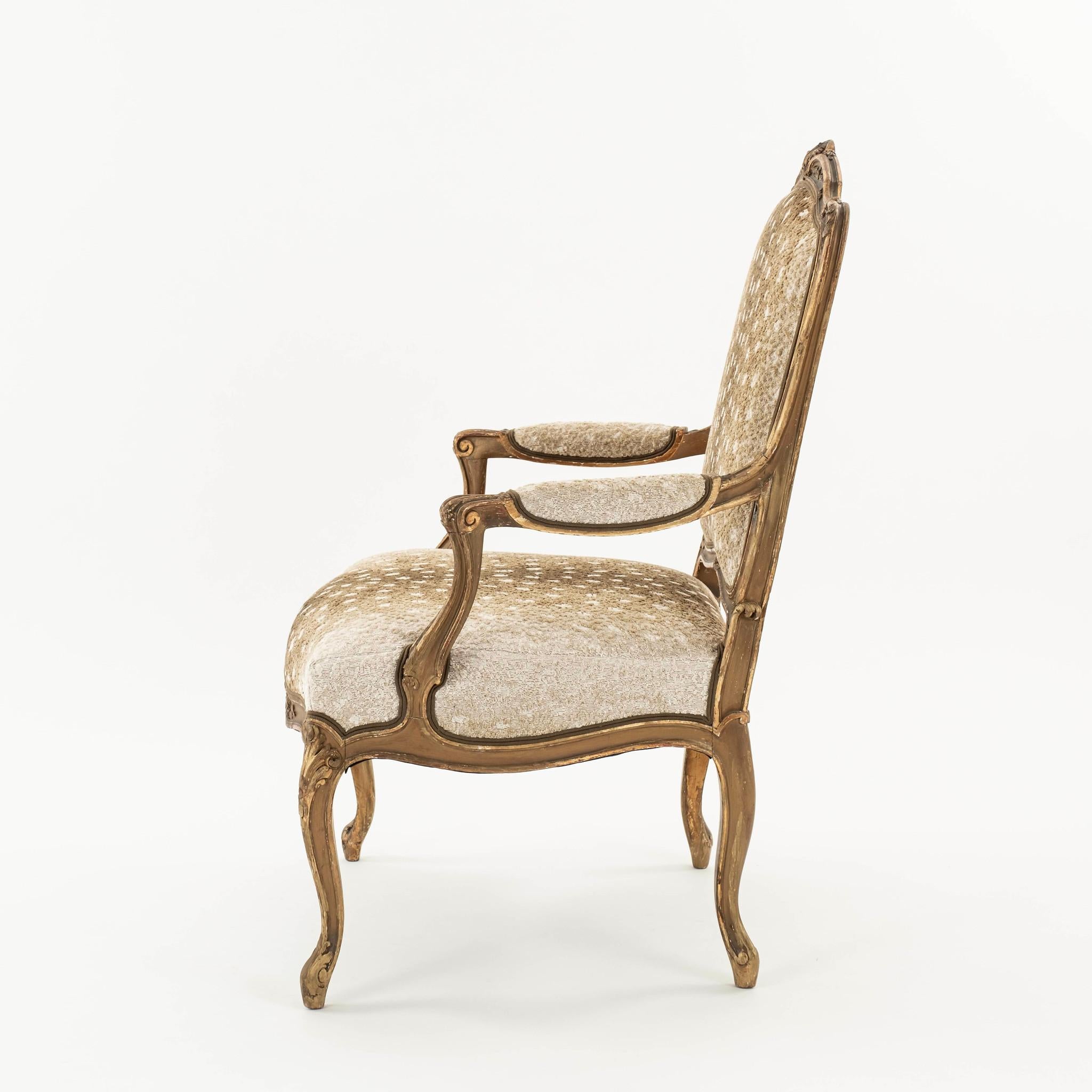 Polychromed Pair 19th Century Louis XV Style Fawn Axis Woven Velvet Armchair For Sale