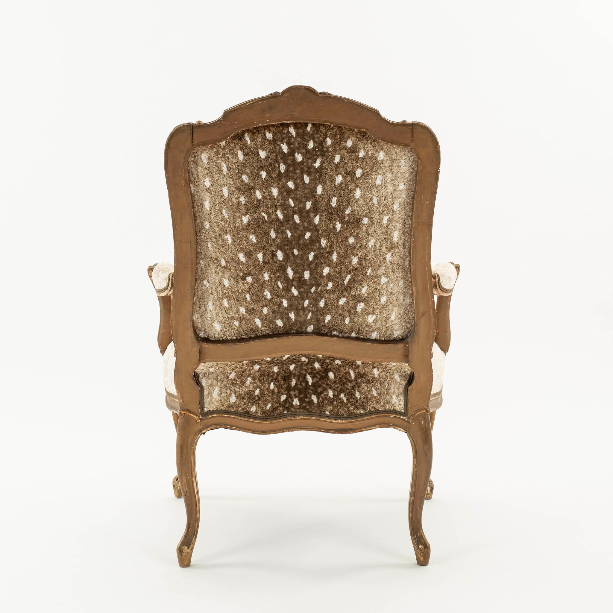 Linen Pair 19th Century Louis XV Style Fawn Axis Woven Velvet Armchair For Sale