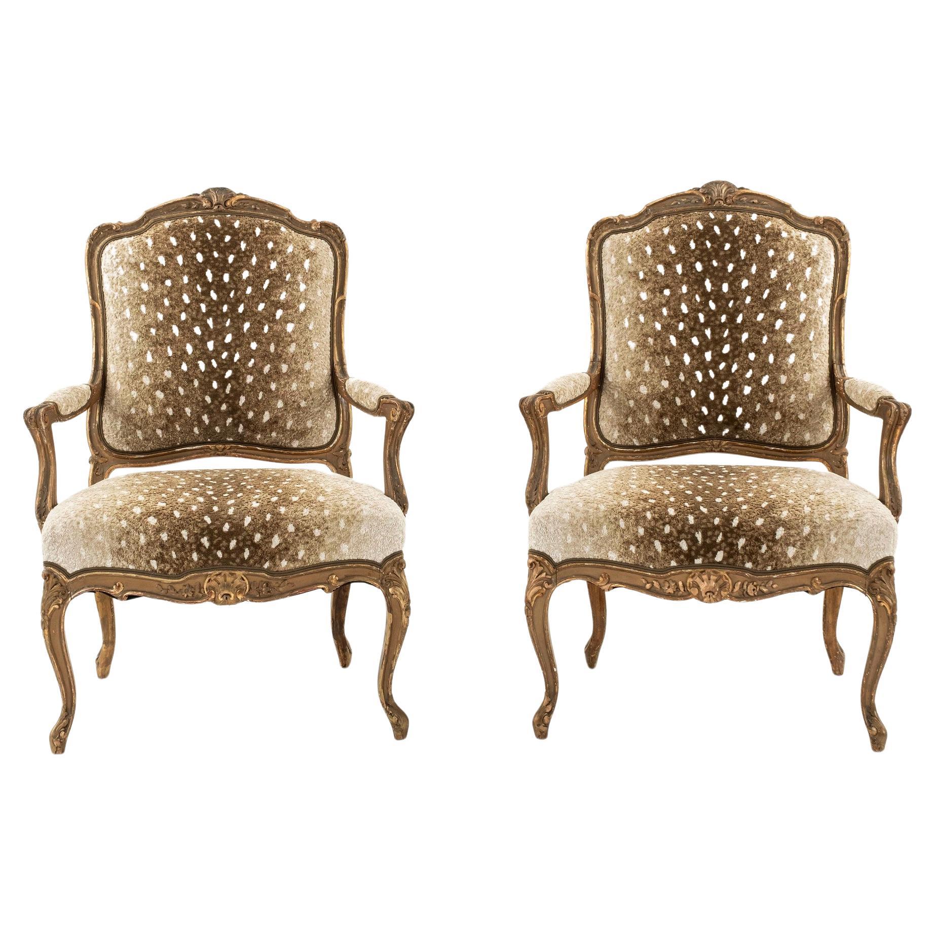 Pair 19th Century Louis XV Style Fawn Axis Woven Velvet Armchair For Sale