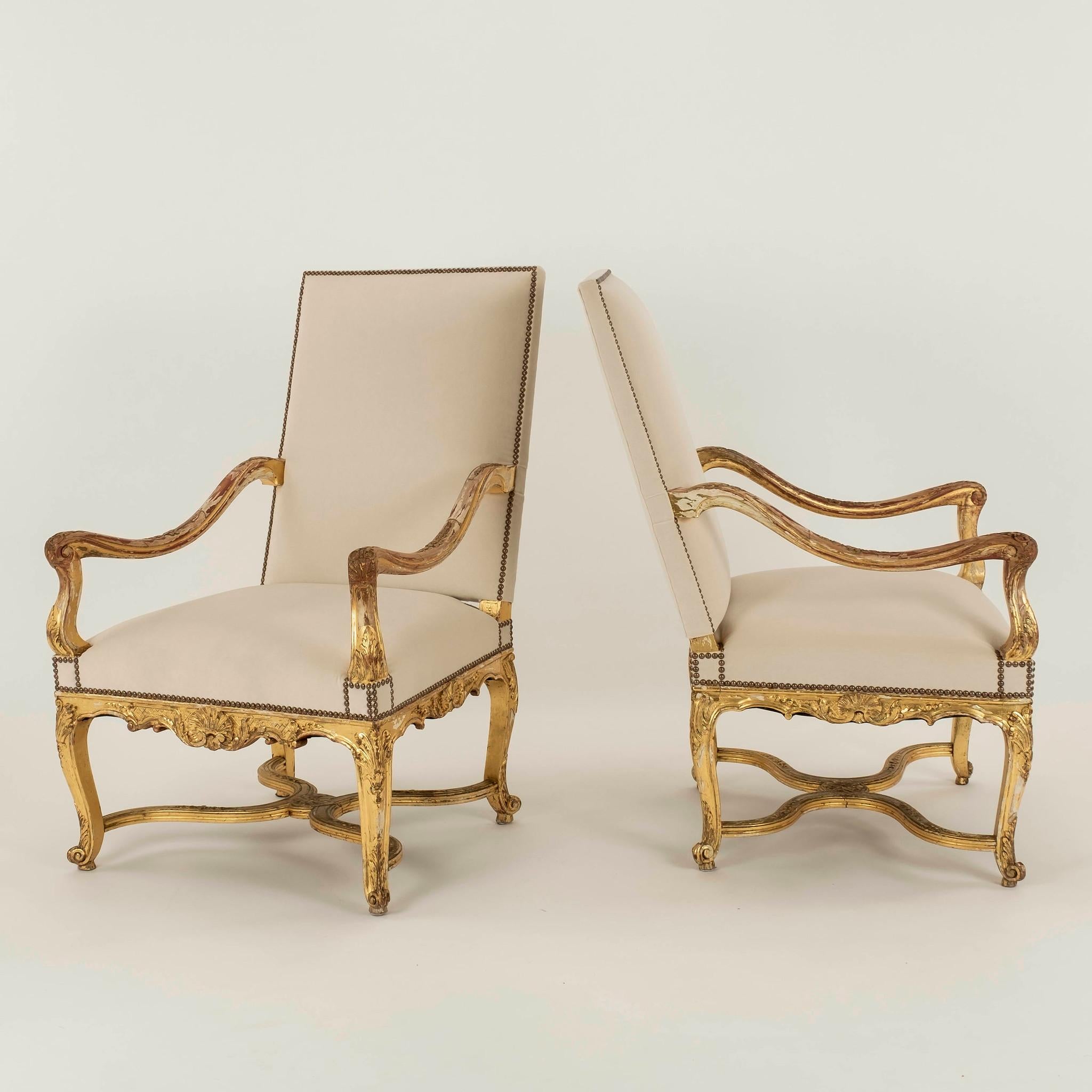 Pair 19th Century Louis XV Style Giltwood Fauteuils For Sale 8
