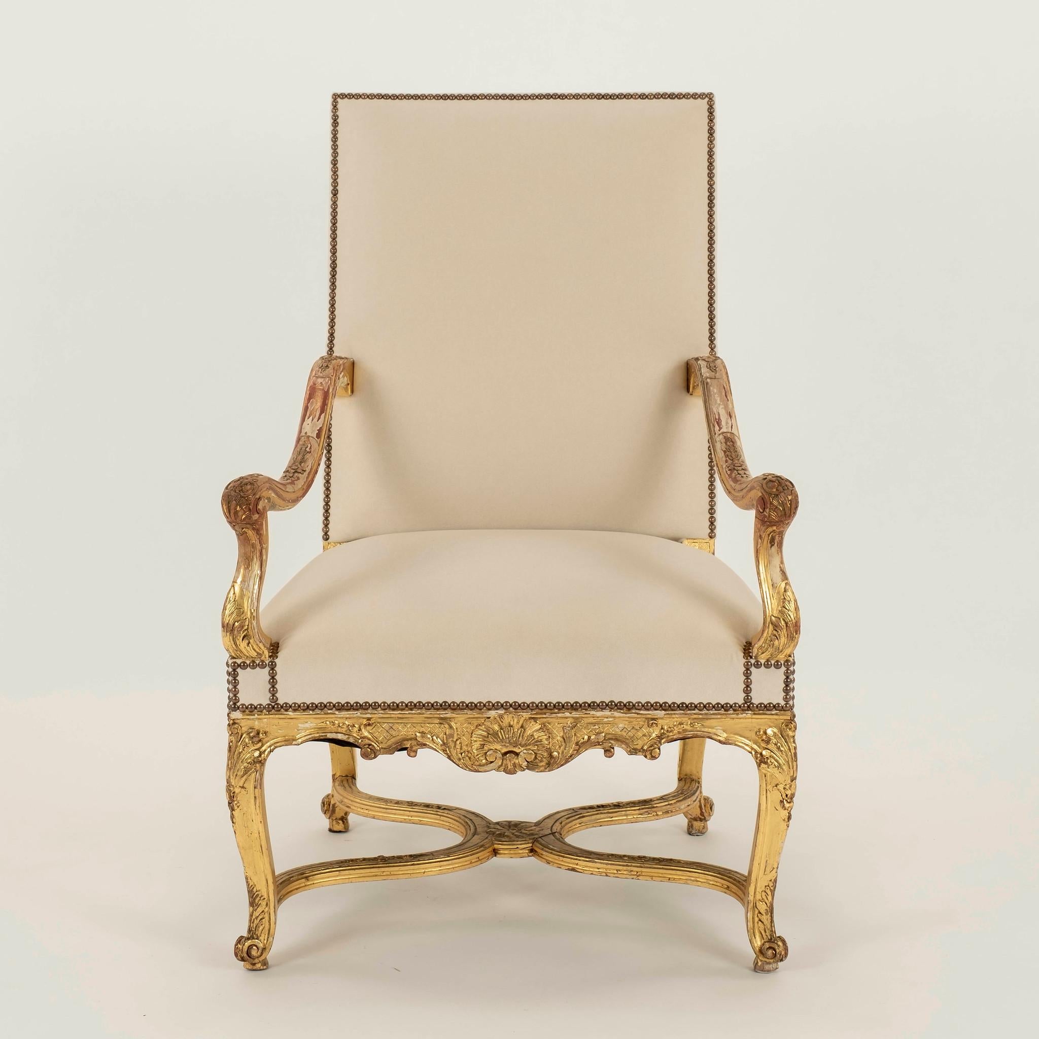 French Pair 19th Century Louis XV Style Giltwood Fauteuils For Sale