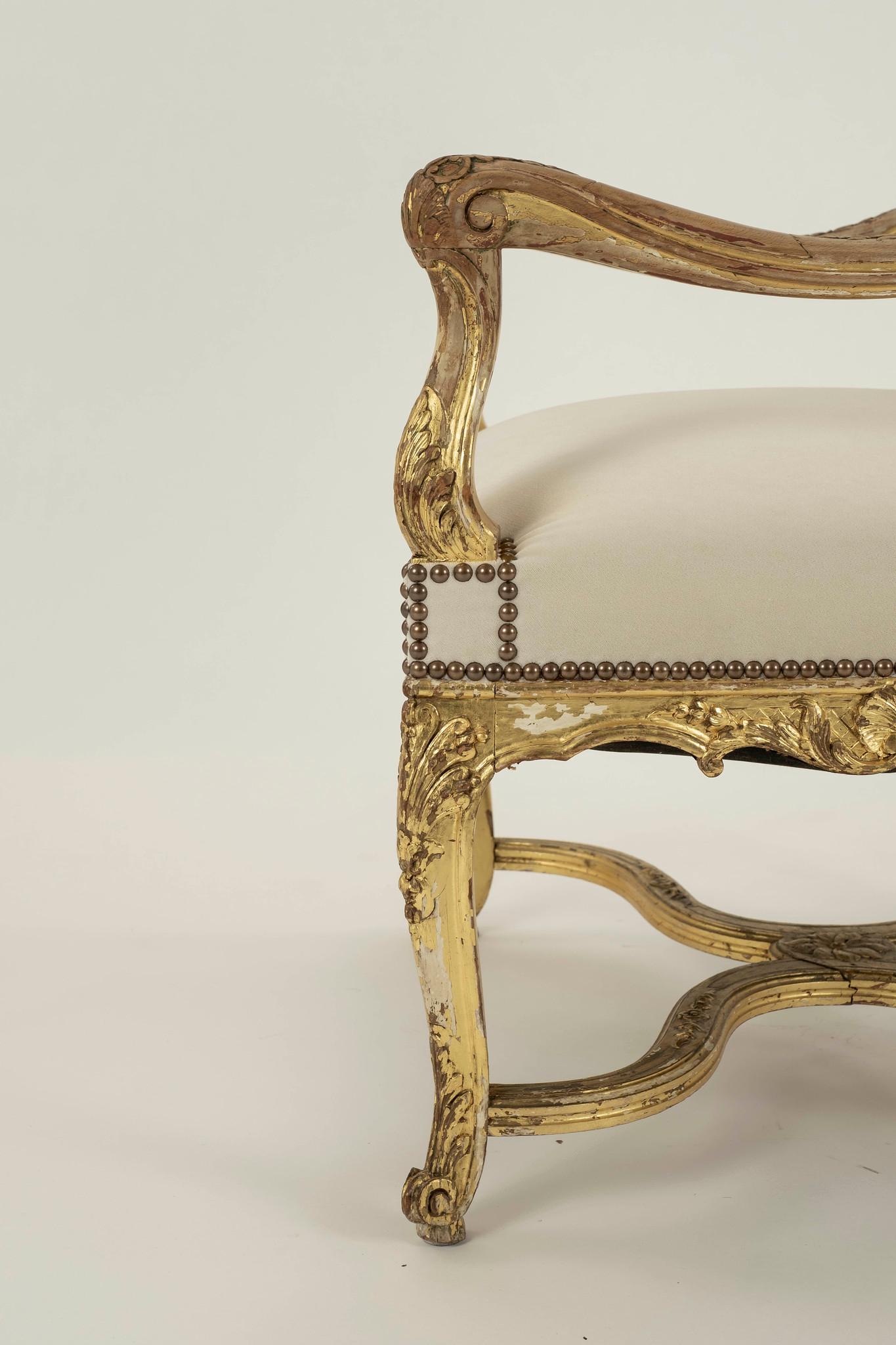 Pair 19th Century Louis XV Style Giltwood Fauteuils For Sale 1