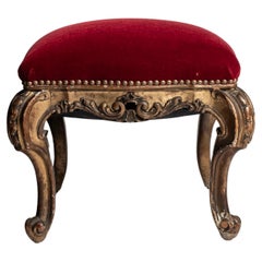 Pair 19th Century Louis XV Style Gold Giltwood Rouge Red Mohair Tabourets