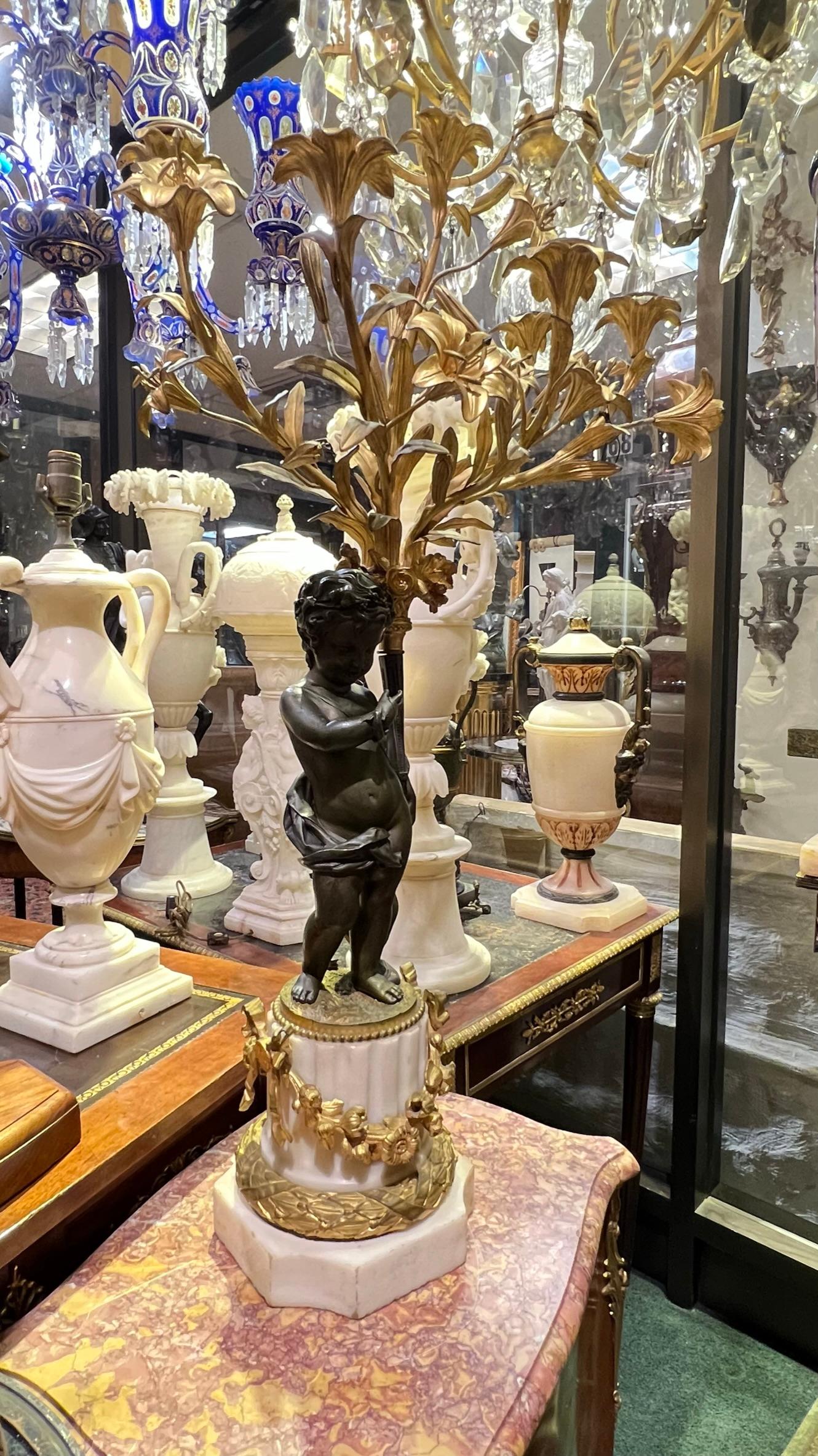Pair 19th Century Louis XVI Patinated /Gilt Bronze and Marble Figural Candelabra For Sale 8