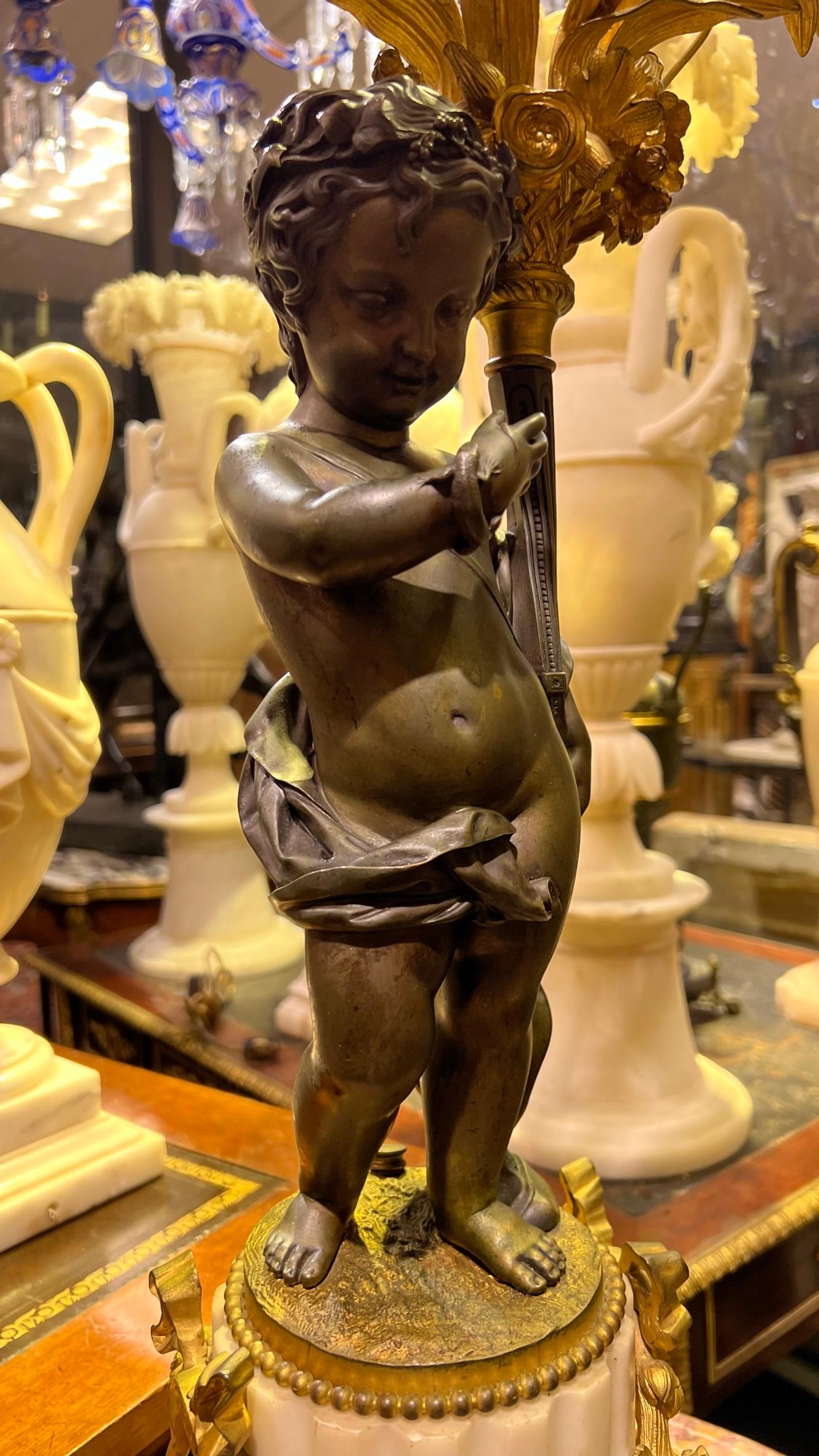 Pair 19th Century Louis XVI Patinated /Gilt Bronze and Marble Figural Candelabra For Sale 10