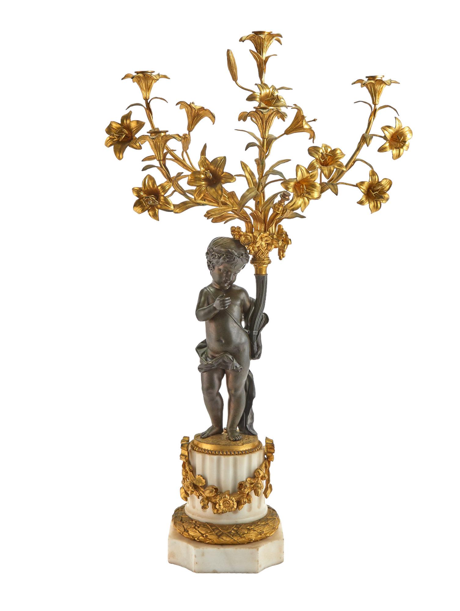 Pair 19th Century Louis XVI Patinated /Gilt Bronze and Marble Figural Candelabra For Sale 1