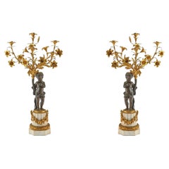 Pair 19th Century Louis XVI Patinated /Gilt Bronze and Marble Figural Candelabra