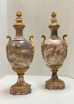 Pair 19th Century Louis XVI Red and White Marble and Gilt Bronze Urns / Vases