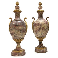 Pair 19th Century Louis XVI Red and White Marble and Gilt Bronze Urns / Vases