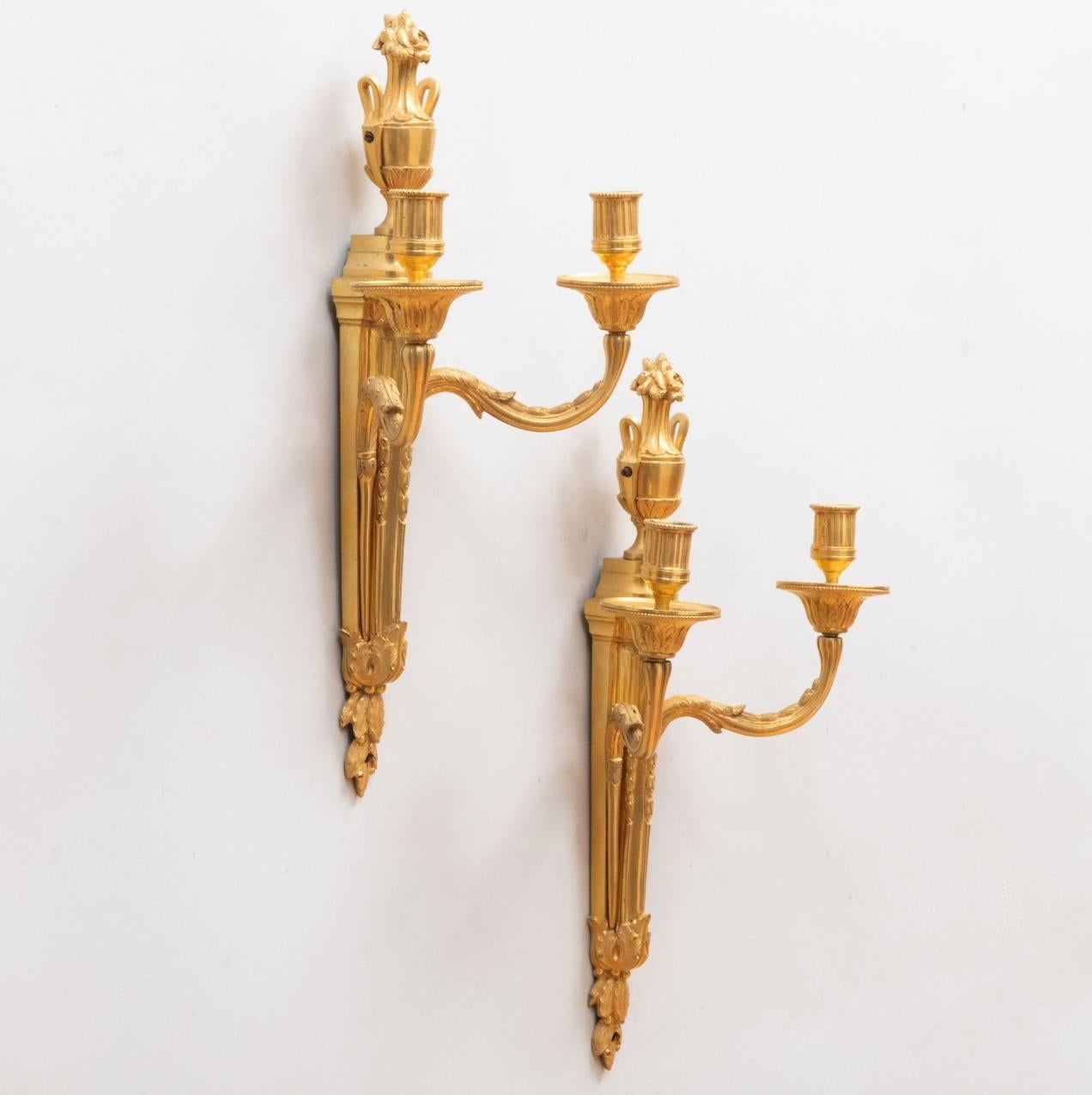Pareja de apliques de bronce dorado estilo Luis XVI del siglo XIX Francés en venta