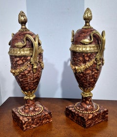 Pair 19th Century Louis XVI Style Royal Rouge Marble and Bronze Cassolette Urns