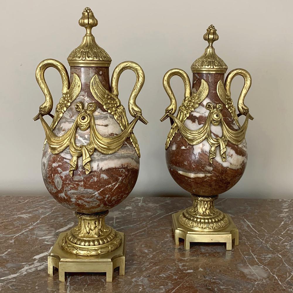 Pair of 19th Century Marble & Bronze Cassolettes make an excellent choice for providing beauty, elegance and symmetry to any room!  Such decorative items were created for the affluent class during the Belle Epoque, when classical style was