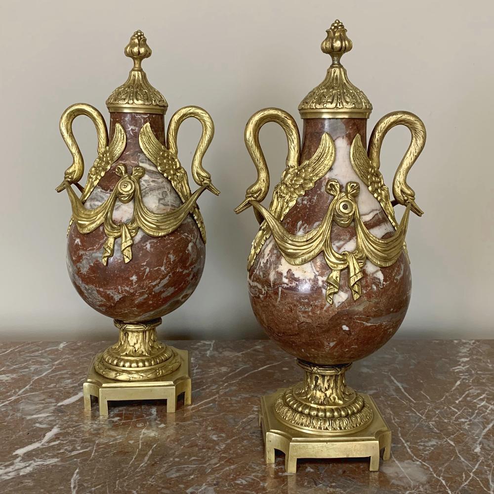 French Pair of 19th Century Marble and Bronze Cassolettes For Sale