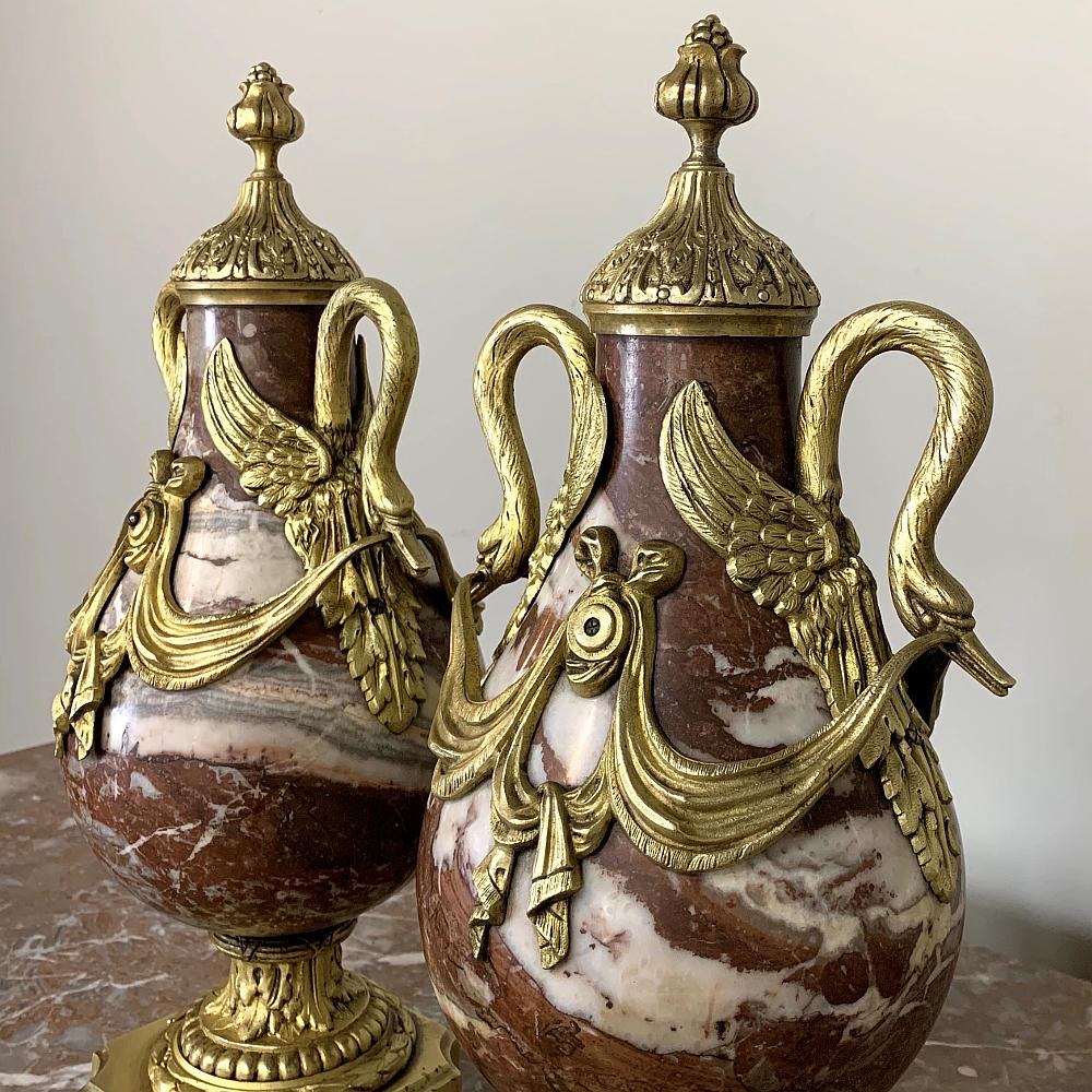 Gilt Pair of 19th Century Marble and Bronze Cassolettes For Sale