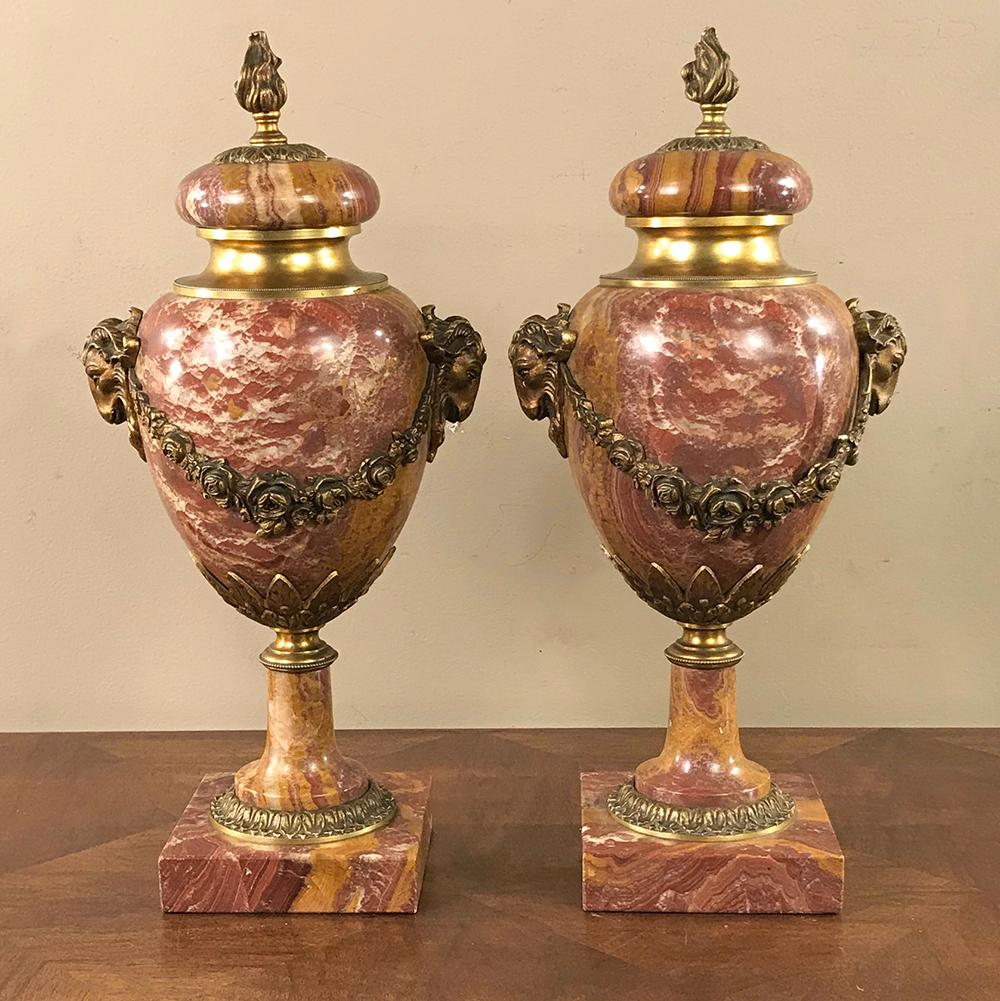 Pair of 19th Century Marble and Bronze Cassolettes or Mantel Urns 6