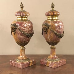 Pair of 19th Century Marble and Bronze Cassolettes or Mantel Urns