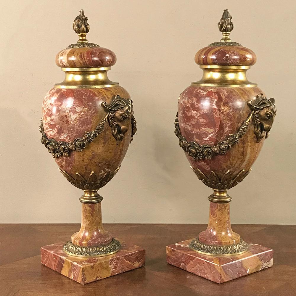 Neoclassical Revival Pair of 19th Century Marble and Bronze Cassolettes or Mantel Urns