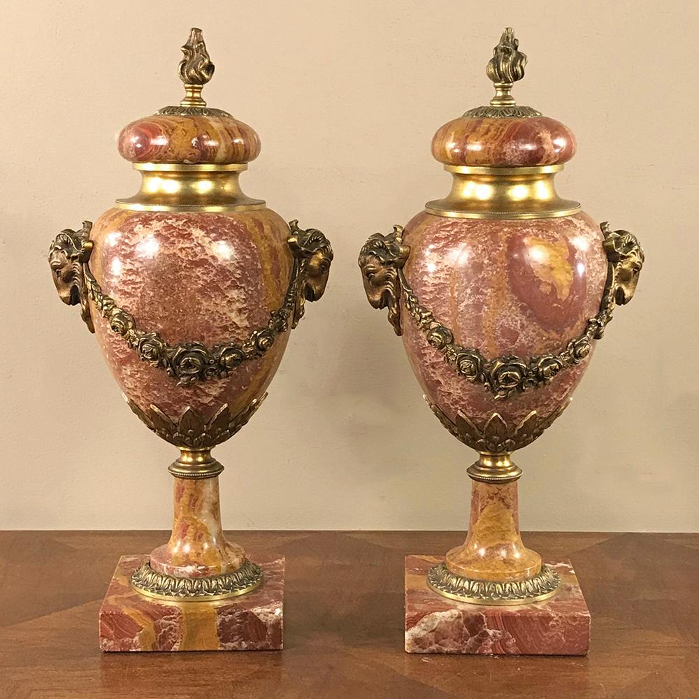 French Pair of 19th Century Marble and Bronze Cassolettes or Mantel Urns