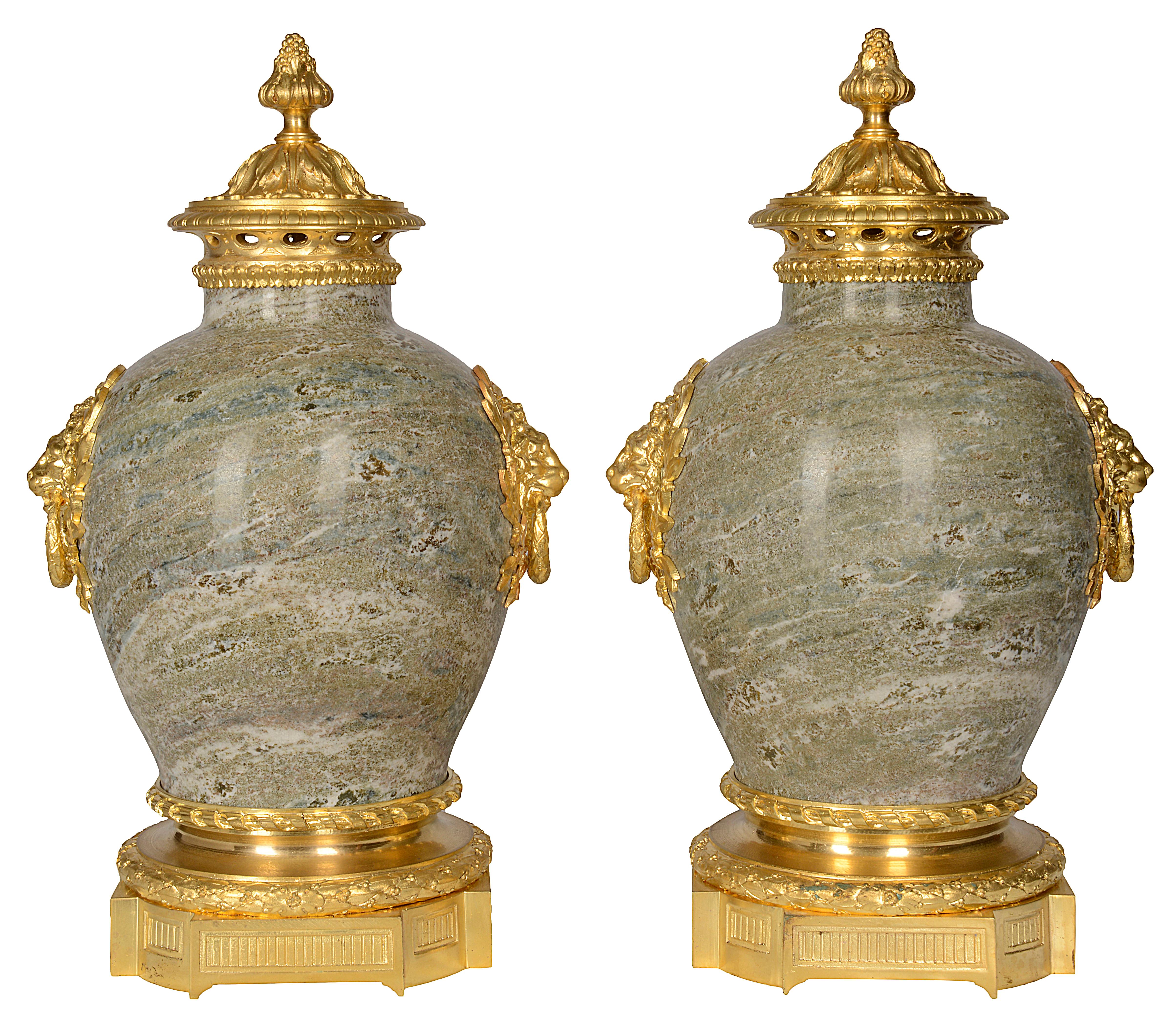 Ormolu Pair Classical 19th Century Marble Lidded Urns For Sale