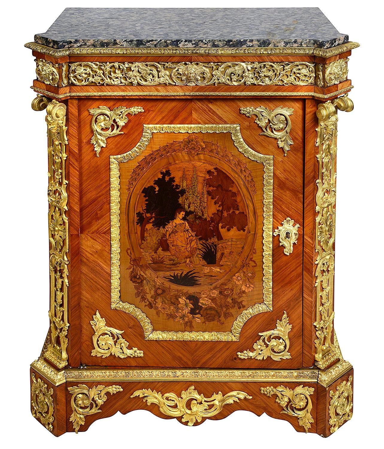 French Pair 19th Century Marquetry inlaid side cabinets. For Sale