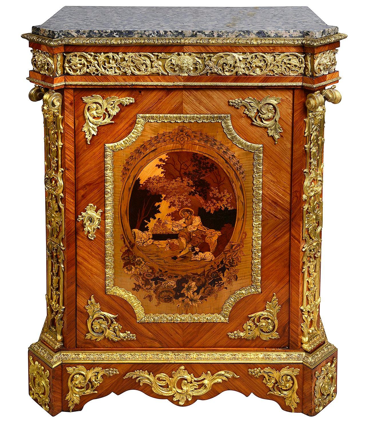 Gilt Pair 19th Century Marquetry inlaid side cabinets. For Sale