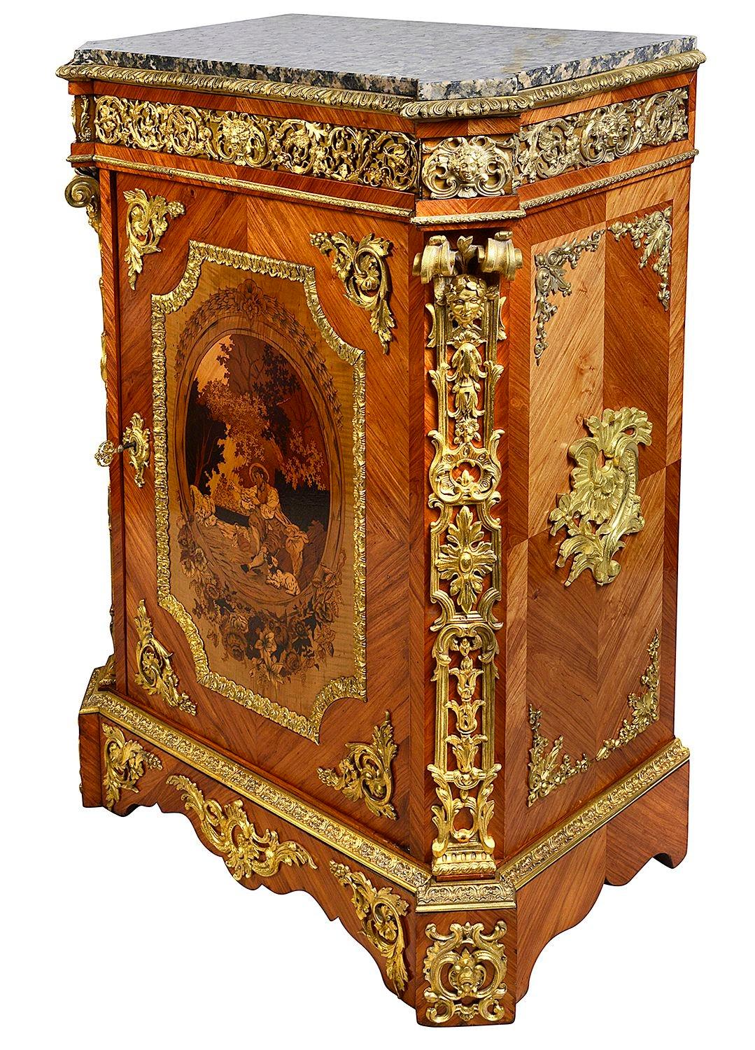 Ormolu Pair 19th Century Marquetry inlaid side cabinets. For Sale