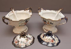 Pair 19th Century masons ironstone sauce tureens with ladles