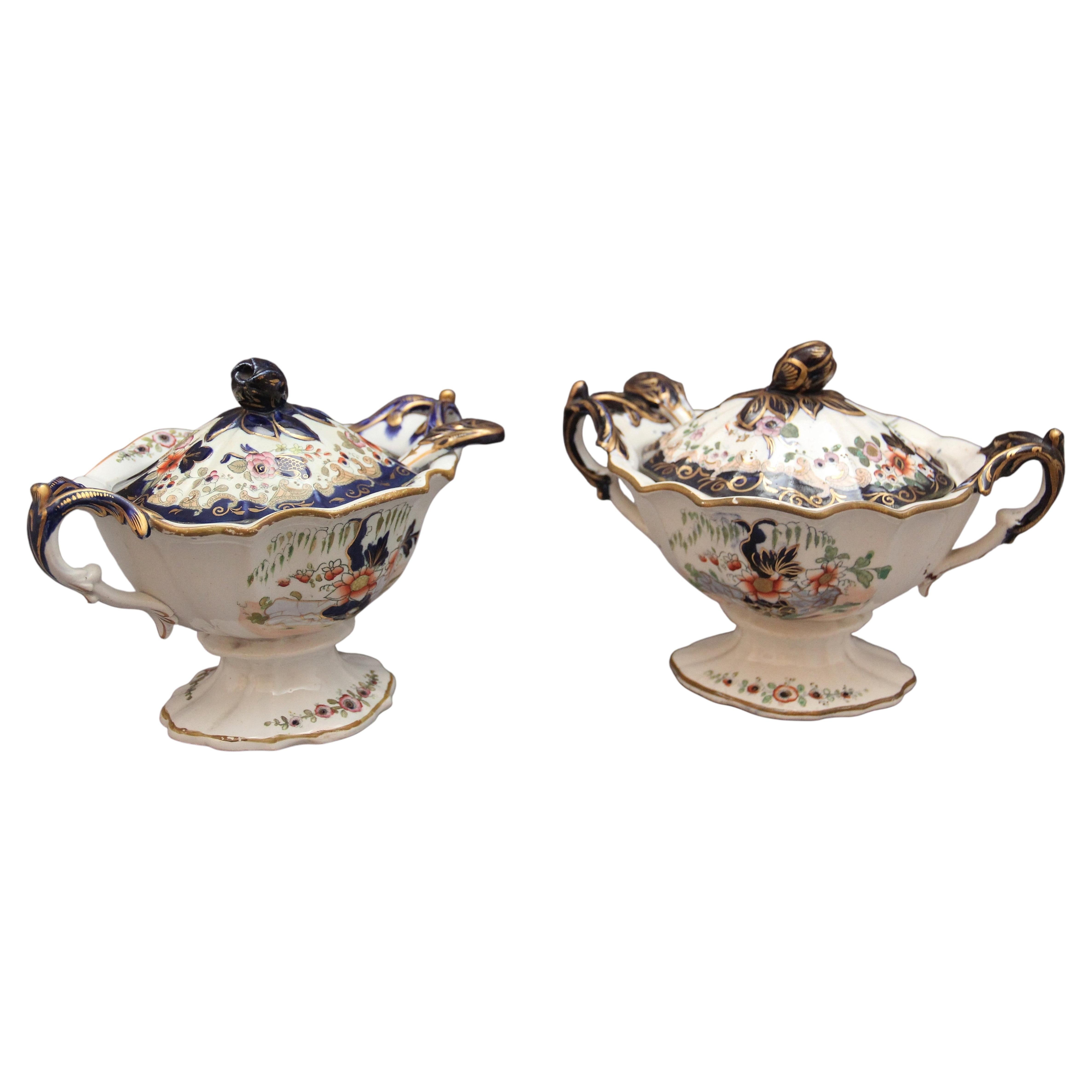 Pair 19th Century masons ironstone sauce tureens with ladles For Sale