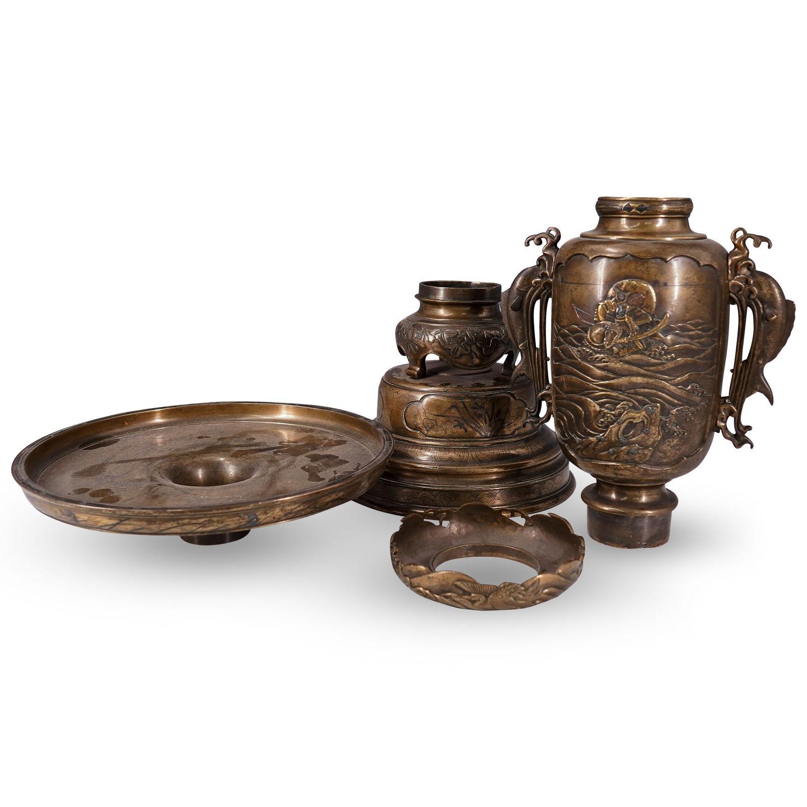 Pair 19th Century Meiji Japanese Usabata Ikebana Bronze Vases For Sale 1