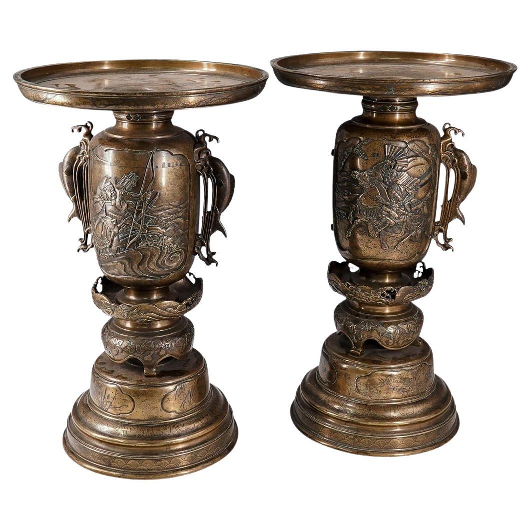 Pair 19th Century Meiji Japanese Usabata Ikebana Bronze Vases For Sale