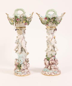 Pair 19th Century Meissen Figural Porcelain Centerpiece Baskets