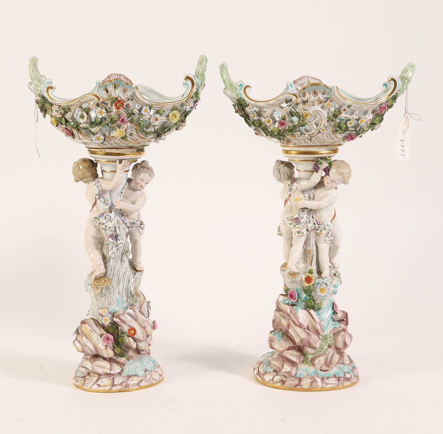 German Pair 19th Century Meissen Figural Porcelain Centerpiece Baskets For Sale