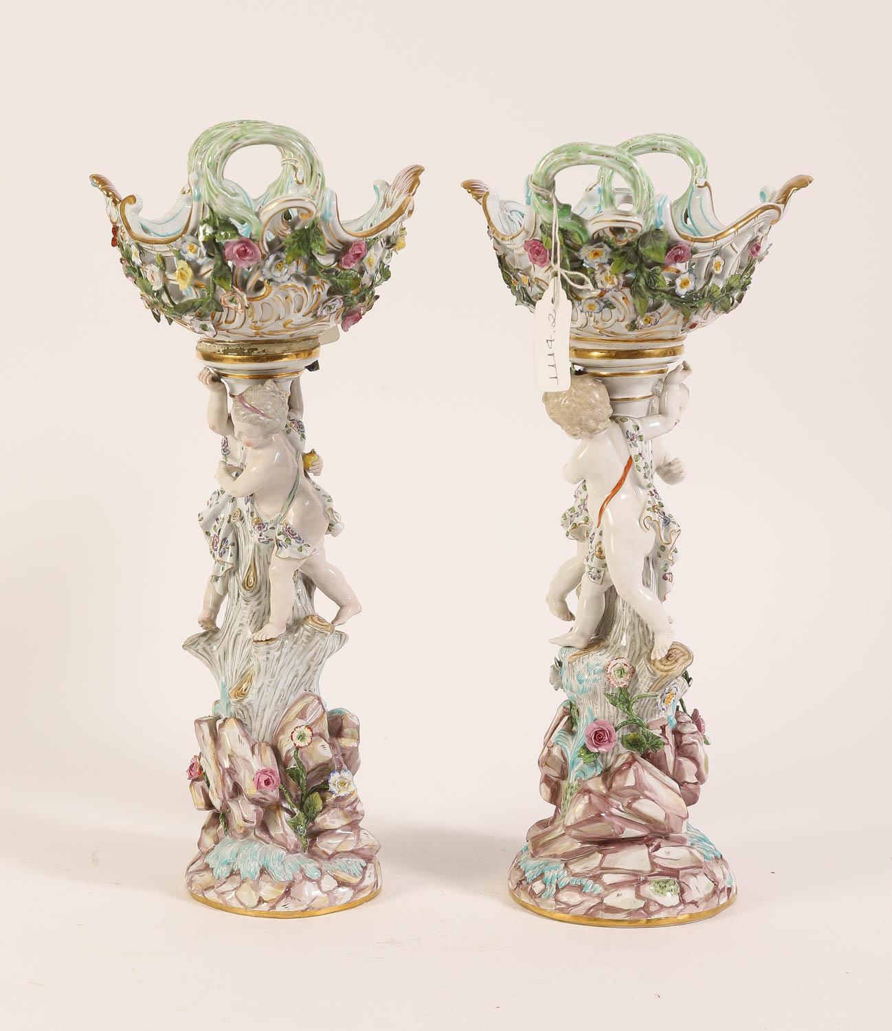 Glazed Pair 19th Century Meissen Figural Porcelain Centerpiece Baskets For Sale