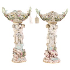 Pair 19th Century Meissen Figural Porcelain Centerpiece Baskets