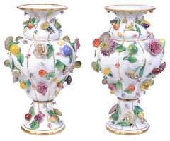 Pair of 19th Century Meissen Flower Encrusted Vases