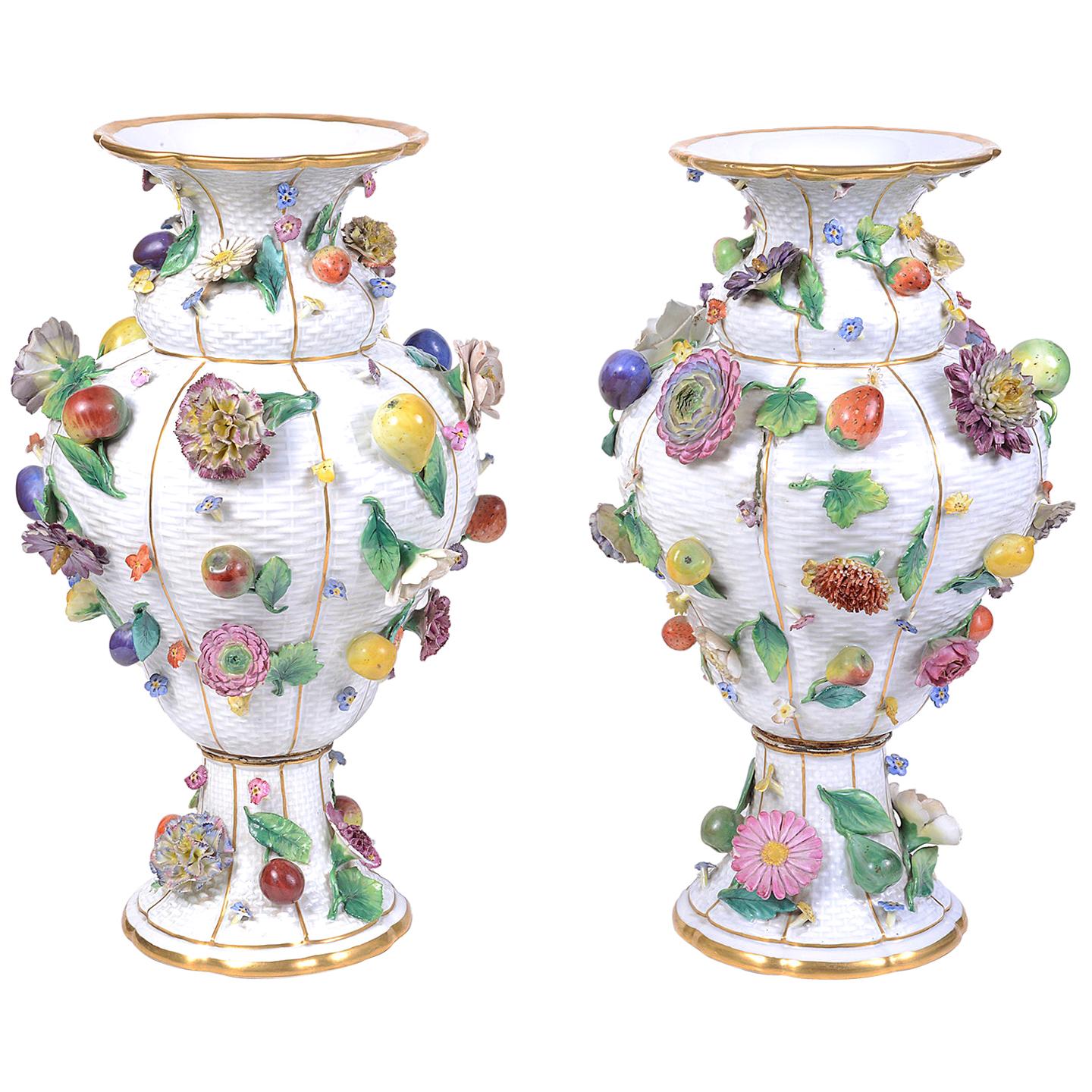 Pair of 19th Century Meissen Flower Encrusted Vases