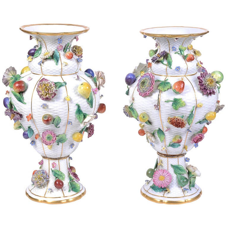 Pair of 19th Century Meissen Flower Encrusted Vases at 1stDibs