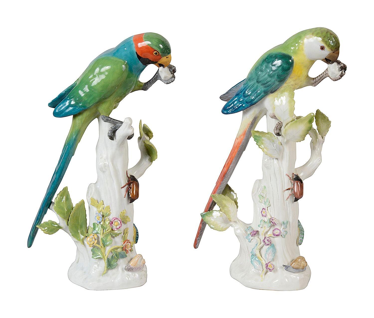 An enchanting pair of fine quality late 19th Century Meissen porcelain Parrots, perched on tree trunks feasting.
Blue crossed swords signed to the base.


Batch 62747 DHKZ