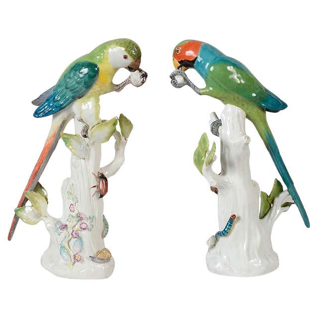 Mid-Century Chinese Export Porcelain Parrot Candlesticks on Gilt Bronze ...