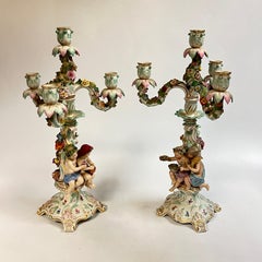 Pair 19th Century Meissen Porcelain Candelabra
