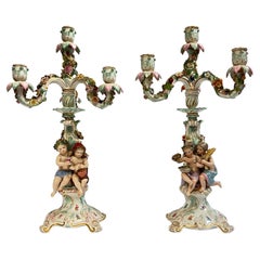 Pair 19th Century Meissen Porcelain Candelabra