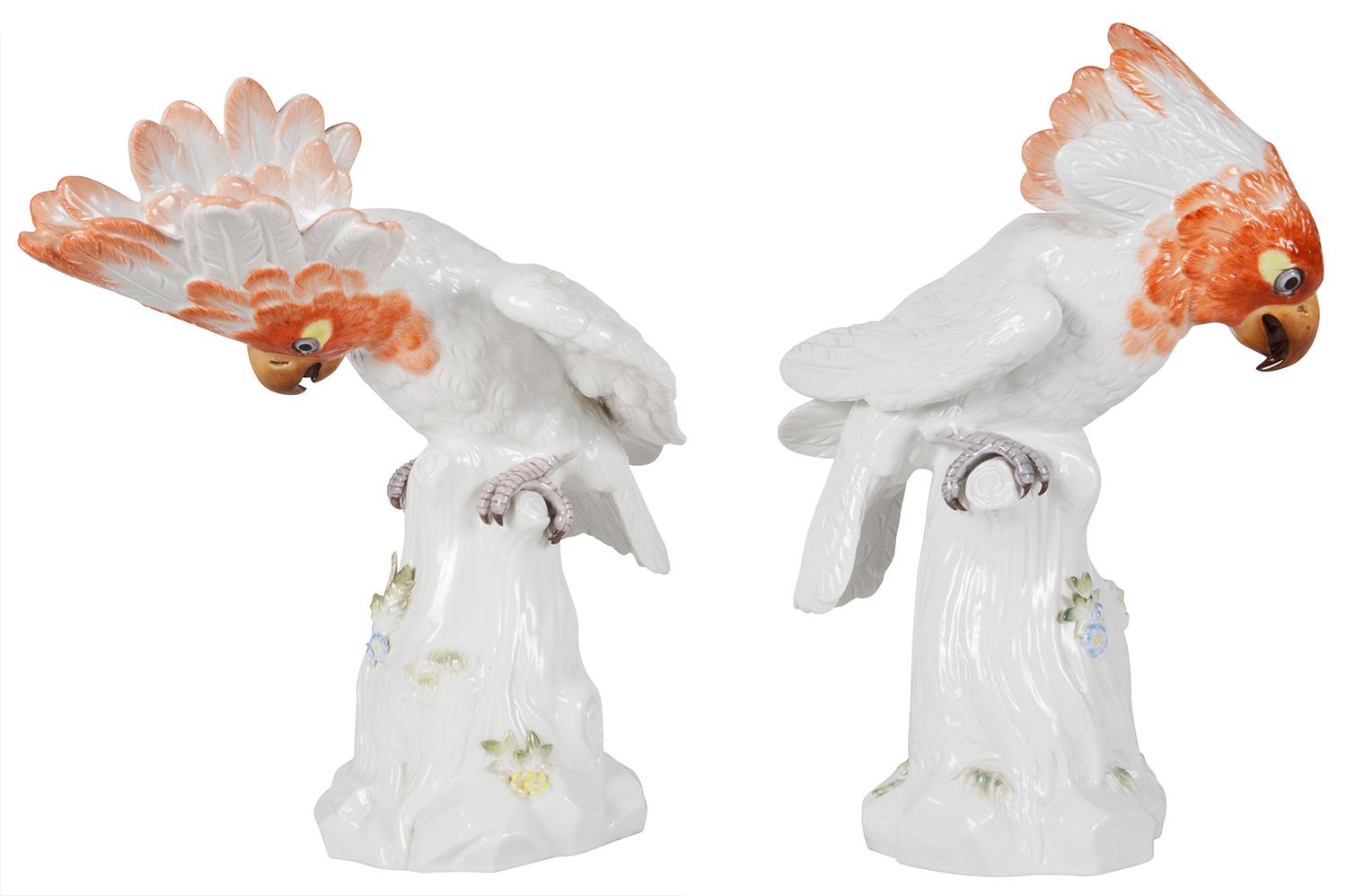 A fine quality pair of exotic late 19th Century Meissen Porcelain Cockatoos.
Each perched on a tree trunk and with blue crossed Meissen marks to the bases.