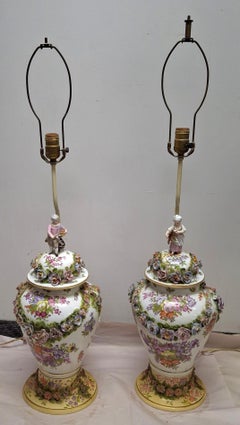 Pair 19th Century Meissen Porcelain Hand-Painted and Floral Encrusted Table Lamp