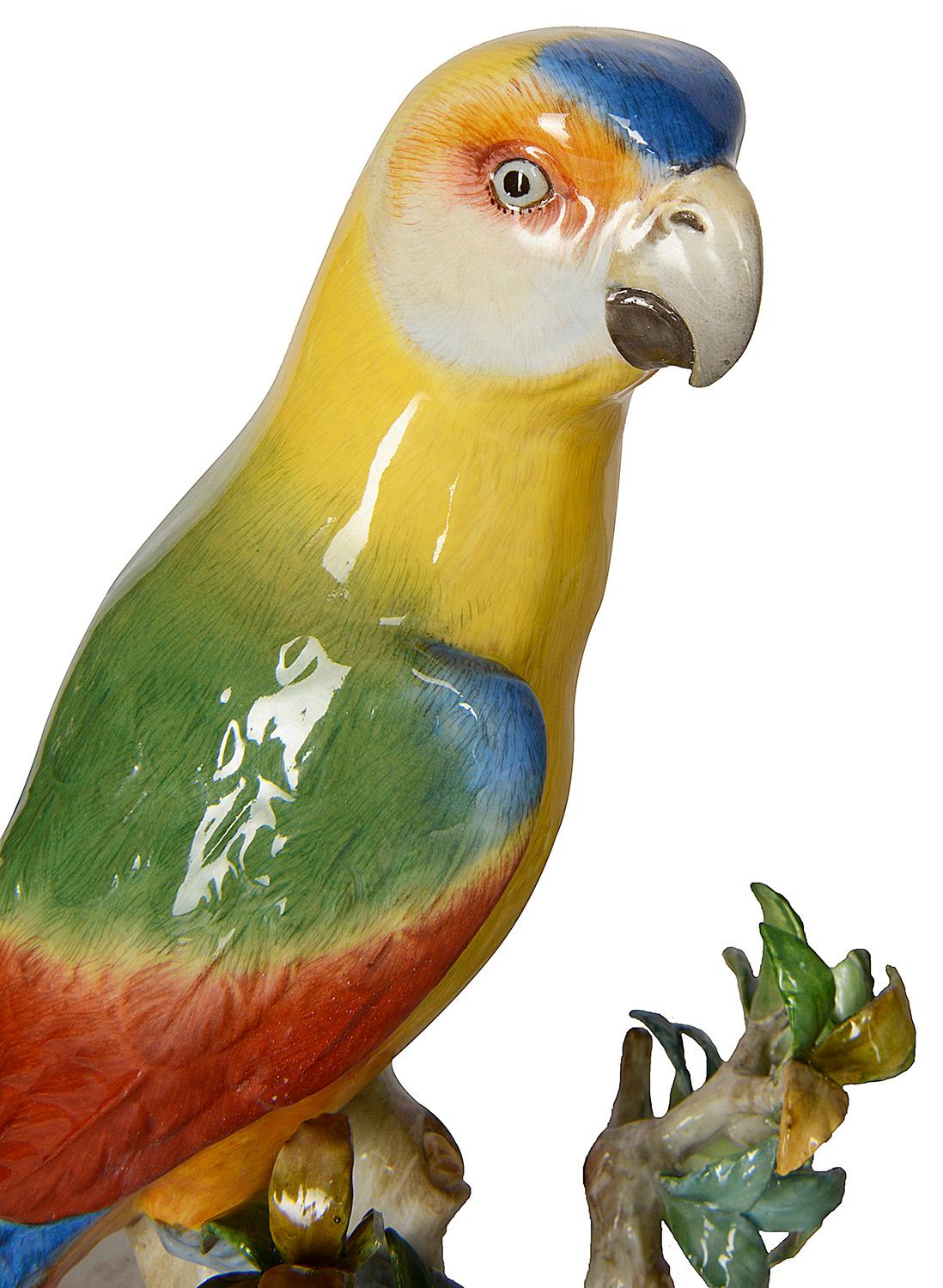 A very good quality pair of late 19th century Meissen porcelain Parrots each perched on a tree stump, with wonderful bold coloring and decoration.
Meissen Blue crossed swords to the bases.