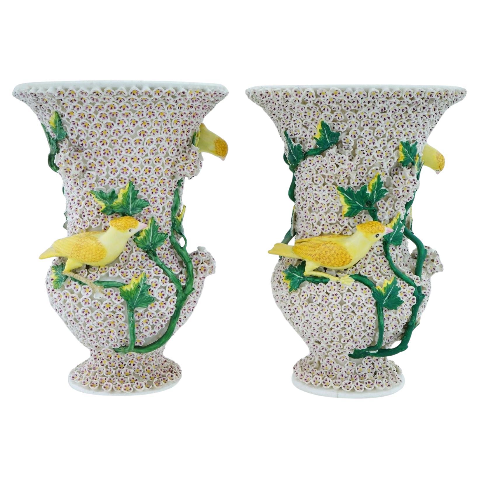 Pair 19th Century Meissen Style Schneeballen Porcelain Vases