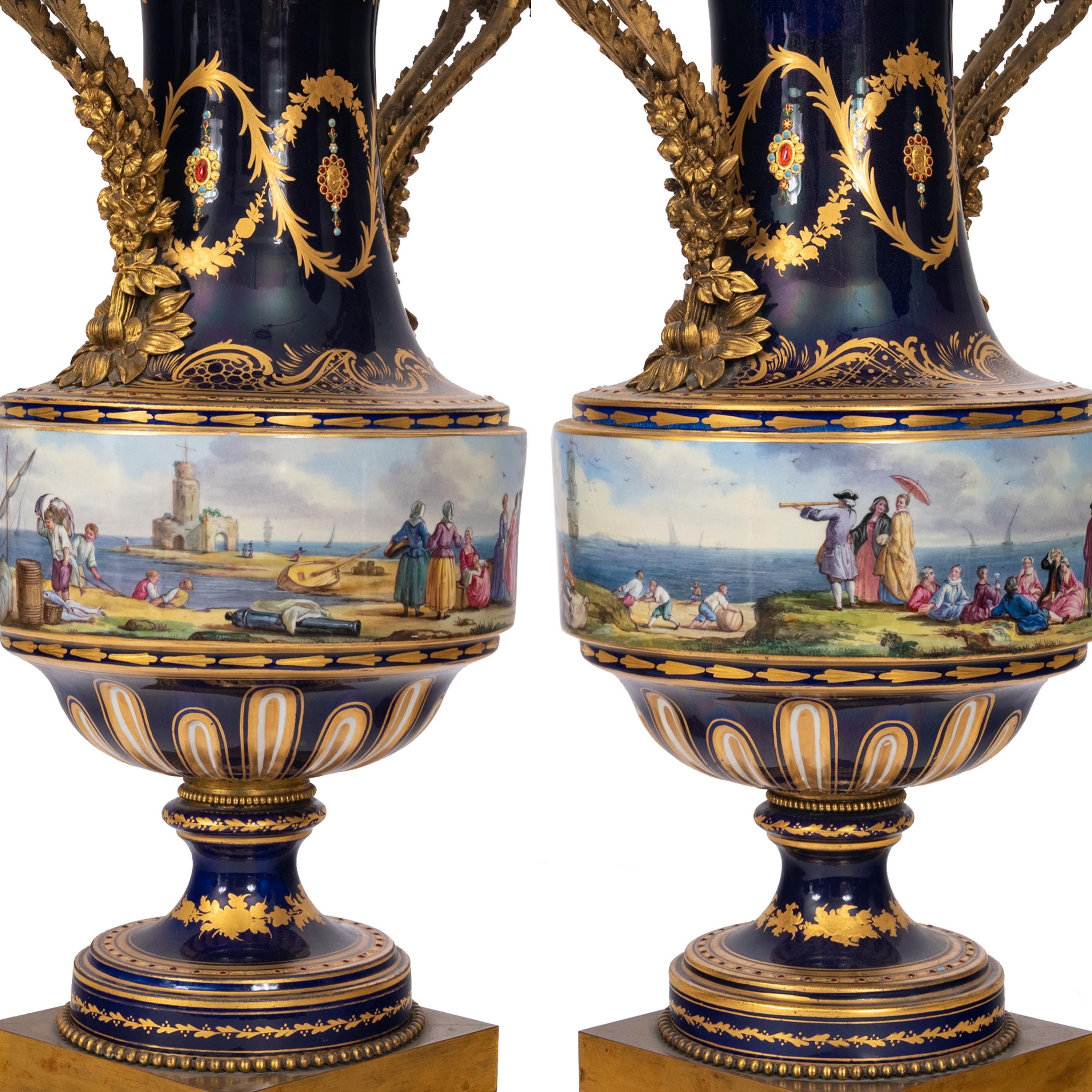 Pair 19th Century Monumental Antique Sevres French Porcelain Ormolu Urns 1860 For Sale 3
