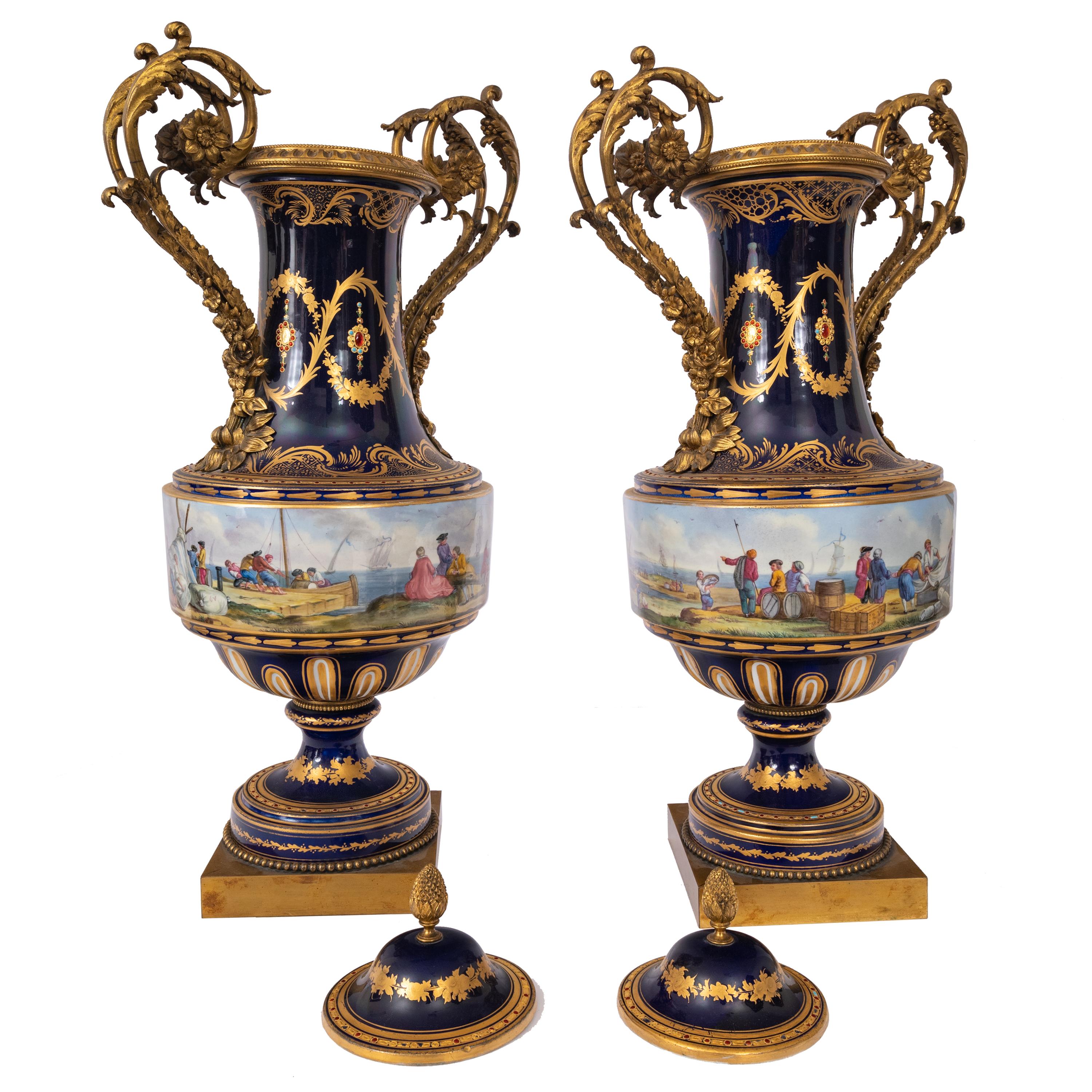 Pair 19th Century Monumental Antique Sevres French Porcelain Ormolu Urns 1860 For Sale 6